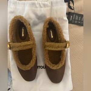 Larroude Brown shearling Shoes with Tan Trim